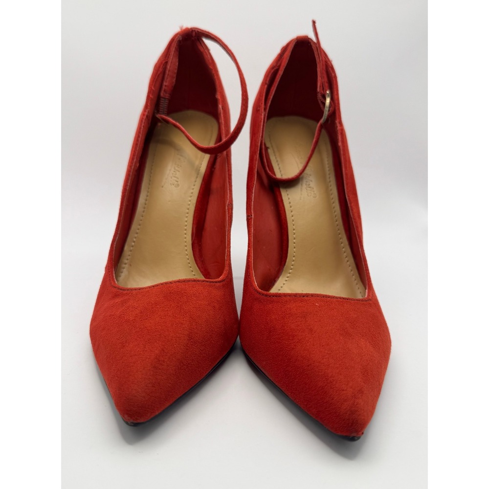 Anne Michelle Red Faux Suede Pointed Toe Ankle Strap Lace Up Back Stiletto Pumps